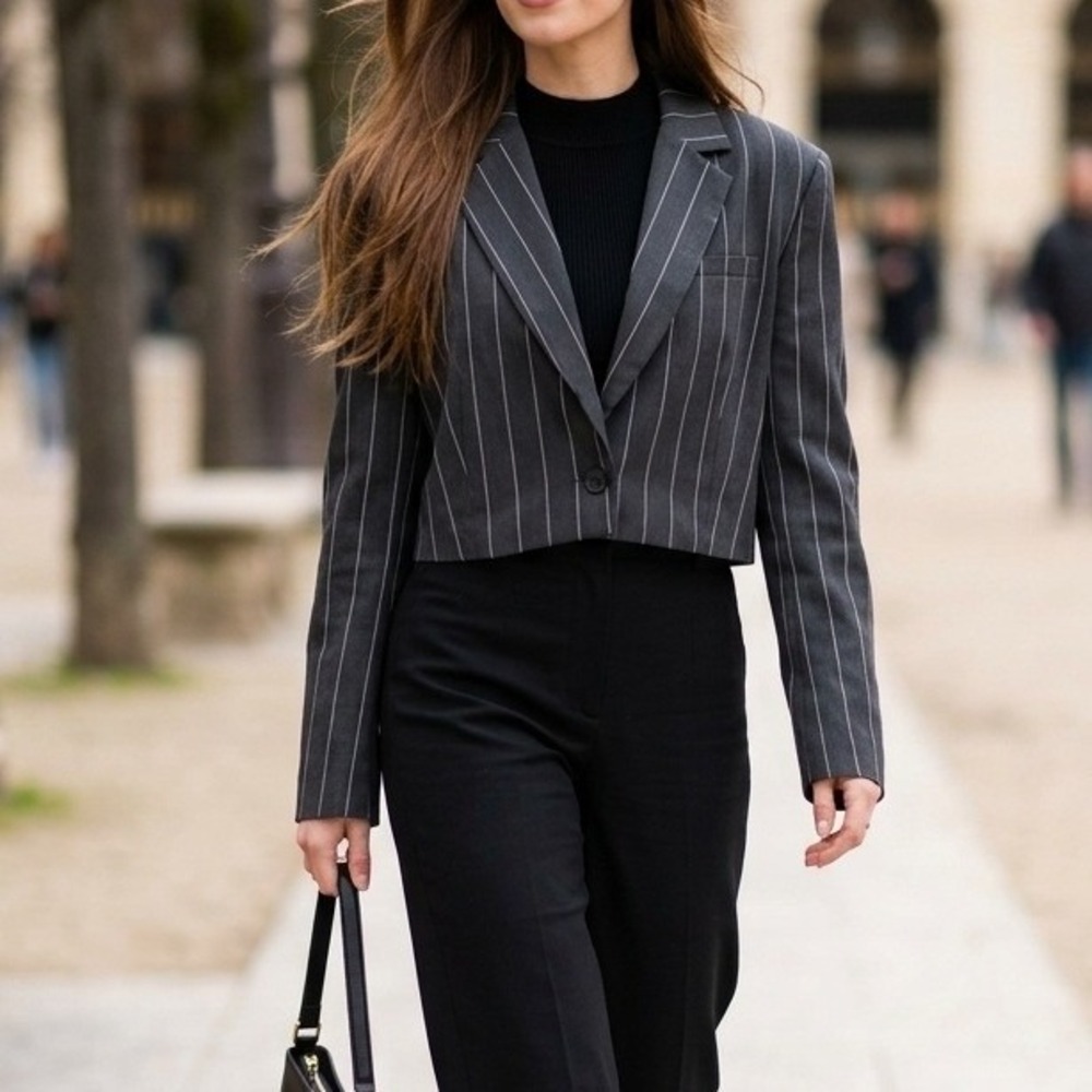 White Birch Black Label Cropped Blazer Jacket Size XL Charcoal Pinstripe Y2K